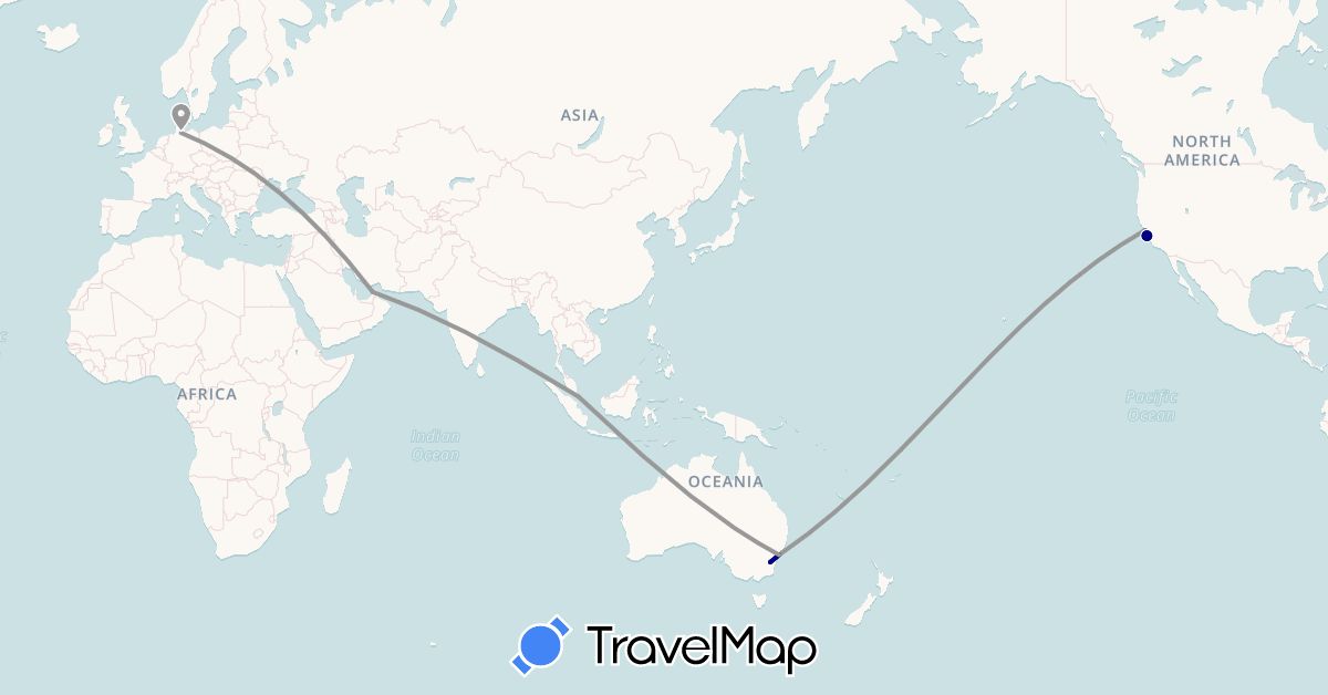 TravelMap itinerary: driving, plane in United Arab Emirates, Australia, Germany, Singapore, United States (Asia, Europe, North America, Oceania)